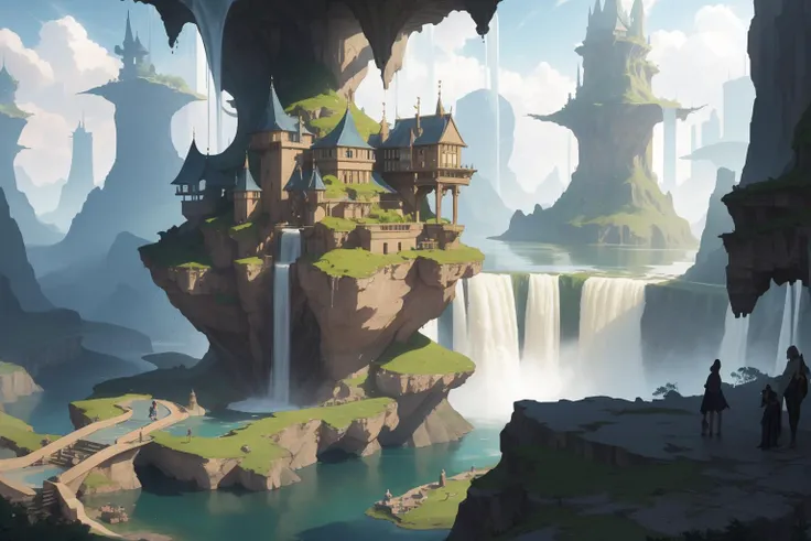 magical realm, generate a magical and fantastical water city suspended in the sky, adorned with cascading waterfalls that gracefully flow down from floating islands, master piece, best qulity, UHD, 8K, natural lighting, intricate details, HDR