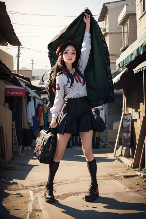 girl in soviet military uniform, raising hand in victory,  soldiers crowd behind chanting, in a warzone, wilderness, outdoors,
(best quality,4k,8k,highres,masterpiece:1.2),ultra-detailed,(realistic,photorealistic,photo-realistic:1.37),HDR,UHD,studio lighting,sharp focus,physically-based rendering,extreme detail description,professional,vivid colors,bokeh,