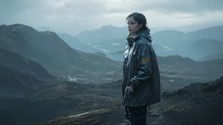 recommended positive prompts: Best quality, masterpiece, ultra high res, (photorealistic:1.4), 1girl,long hair, standing on the side of the mountain, lookout, death stranding, future, raincoat, machinery,