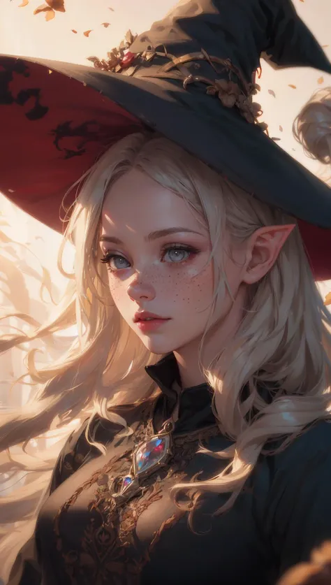 photorealistic,35mm,intricate details,hdr,intricate details,hyperdetailed,natural skin texture,hyperrealism,sharp,1 girl,adult (elven:0.7) woman,freckles,grey eyes,chestnut layered hair,portrait,looking down,solo,half shot,detailed background,witch hat,witch,magical atmosphere,hair flowing in the wind,red trimmed light colored clothes,whirlwind of swirling magic spell in the air,dark magic,(style-swirlmagic:0.8),floating particles,