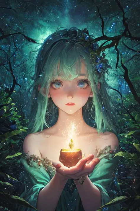 enchanted_forest, forest, woods, night, stars, magical, magic, glow