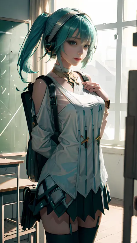 (raw photo:1.2),((photorealistic:1.4)),best quality ,masterpiece, illustration, an extremely delicate and beautiful, extremely detailed ,CG ,unity ,8k wallpaper, Amazing, finely detail, masterpiece, best quality, official art,extremely detailed CG unity 8k wallpaper, absurdres, incredibly absurdres, huge filesize, ultra-detailed, highres, smaller head, fashion girl, hair covers ears, hair ribbon, beautiful eyes, medium breast,real face, real skin, realistic face, realistic skin, detailed eyes, detailed facial features, light on face, cinematic lighting,1girl, beautiful face, (upper_body:2), ((medium breasts)), ((long legs)), ((stockings)), full-body shot, see-through, looking at viewer, (((classroom))), ((backpack)), black_legwear, cardigan, pleated_skirt,green_skirt, smile, posing, ((headphones_around_neck)), Hatsune Miku,standing, hair_between_eyes, loafers, <lora:faruzanGenshinImpact_v10:0.75>, <lora:fashionGirl_v50:0.1>, (ulzzang-6500:0.1)