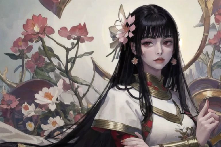 masterpiece, best quality, 1girl, hair bangs, hair black, eyes red, hair down, looking at viewer, face focus, background flower sakura