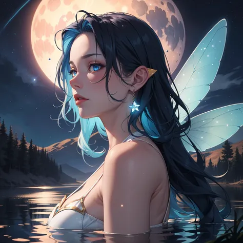 (fantastic world, fantasy world), (a fairy girl flying on the top water:1.3, beautiful, beauty, white and blue outfit, eleborate costume, fairy wings, blue eyes, absurdly long blue hair, pale skin, shiny skin, detailed face, detailed eyes, long shot), (enchanted lake, majestic view, exremely detailed landscape, night time:1.4, midnight , northern Lights, blue light particles, stary sky, falling stars, blue moon:1.2, full moon, mystic landscape, mystic atmosphere), (masterpiece, best quality, highres, 8k, ultra detailed 8K CG, cinematic lighting, perfect lighting, exremely detailed background, eleborate atmosphere:0.75, ethereal glow, fantastical colors, vivid colors, soft HDR)
