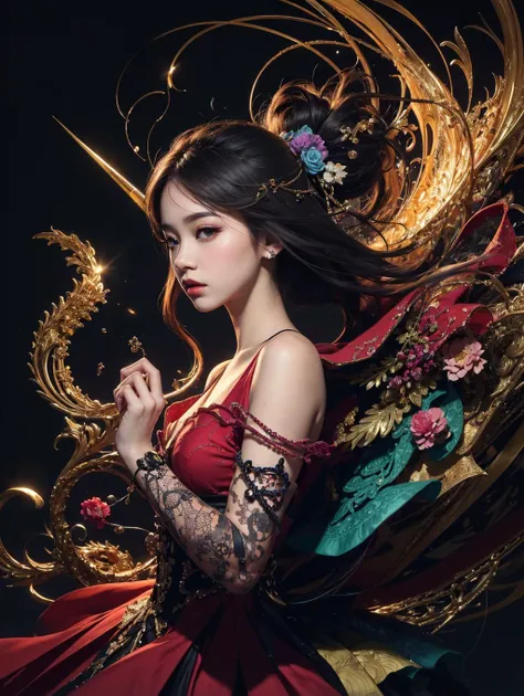 official art, unity 8k wallpaper, ultra detailed, beautiful and aesthetic, masterpiece, best quality, (zentangle, mandala, tangle, entangle), (fractal art:1.3) , 1girl, extremely detailed, dynamic angle, cowboyshot, the most beautiful form of chaos, elegant, a brutalist designed, vivid colours, romanticism, by james jean, roby dwi antono, ross tran, francis bacon, michal mraz, adrian ghenie, petra cortright, gerhard richter, takato yamamoto, ashley wood, atmospheric, ecstasy of musical notes, streaming musical notes visible