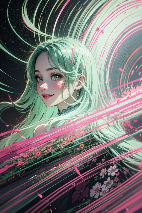 1girl,(long hair, green eyes, smile, flower print dress),
(zentangle, mandala, tangle, entangle:0.6),(fractal art),the most beautiful form of chaos,brutalist designed,hting,sharp focus,physically-based rendering,extreme detail description,professional,vivid colors,bokeh,