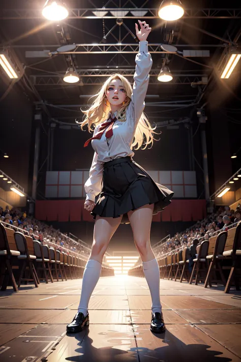 blonde girl school uniform, ((bare hands):1.4), concert stage, outdoors,
(best quality,4k,8k,highres,masterpiece:1.2),ultra-detailed,(realistic,photorealistic,photo-realistic:1.37),HDR,UHD,studio lighting,sharp focus,physically-based rendering,extreme detail description,professional,vivid colors,bokeh,