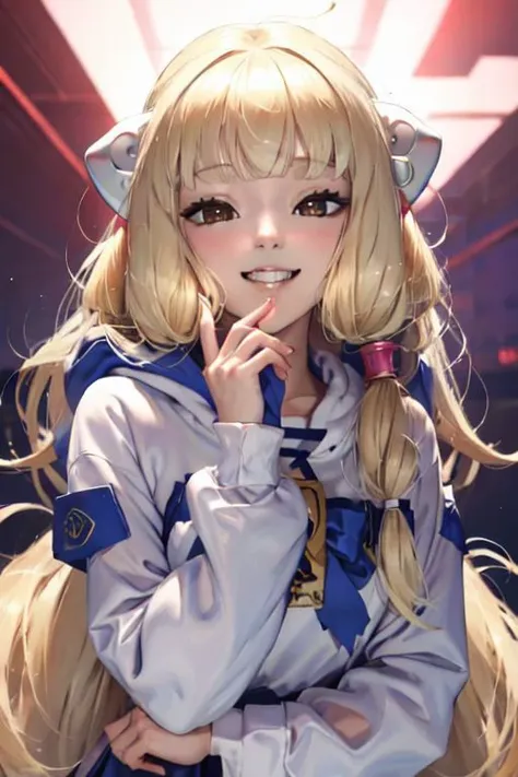 1girl, <lora:Msgk_face:1>, grin, :3, upper body, hand to own mouth, looking at viewer, half-closed eyes, hoodie, blonde eyes, chii, (masterpiece:1.4), (Best quality:1.4), highres, blonde hair, robot ears, Dynamic light, scenery,