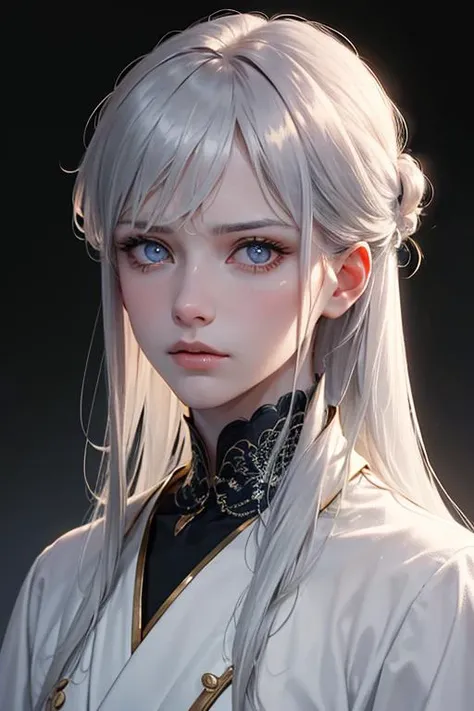 masterpiece, best quality, colorful,(finely detailed beautiful eyes and detailed face),cinematic lighting,extremely detailed CG unity 8k wallpaper,
1boy, 30 years old,
Clothes: white robe,
Appearance: silver hair ,long hair, light colored pupils, angry, handsome,
simple background,
