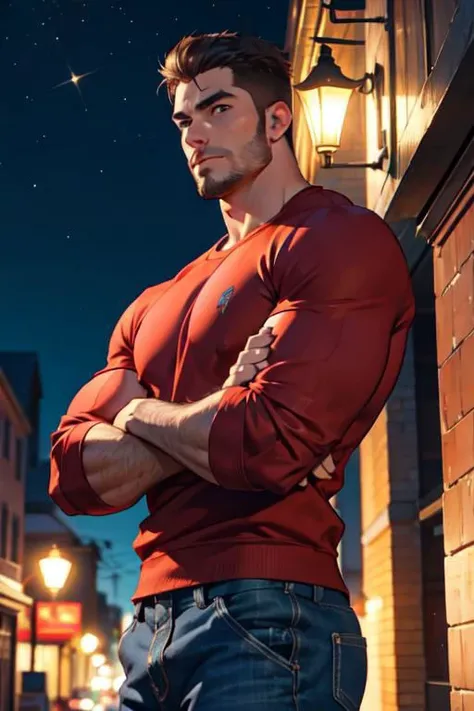 stubble, 1boy, bara, muscular, hunky male, homoerotic, wearing a sweatshirt, handsome man, low angle shot, dim light, night time, 1guy,