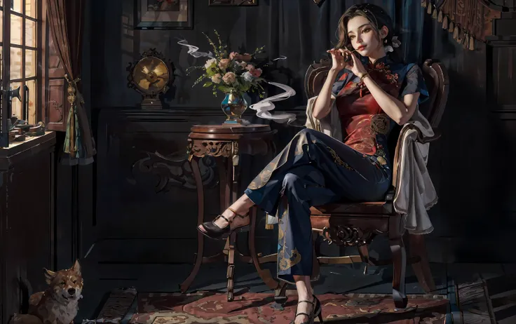 (masterpiece:1.2),(best quality:1.2),8k,absurdres,8k unity wall papper,(extremely detailed:1.4),highestres,from below,dim,(dim light:1.2),elusive,hazy,enchanting,(dark theme:1.2),<lora:lowRA:0.6>,
<lora:smoke_model:0.3>,fox,
BREAK,
1girl,(solo:1.2),(smirk:1.2),(long hair:1.1),(hairpin:1.1),mature,<lora:stylized3DModelLora_v30:0.4>,(slim:1.1),
sitting on armchair,(crossed legs:1.2),(hand up:1.1),(head rest:1.2),(cigarette holder:1.2),holding,(languidly exhales tendrils of smoke:1.2),(smoking:1.4),<lora:cheongsam:0.7>,
(peony pattern cheongsam:1.2),sleeveless,high-heeled shoes,frosted texture red nails,
BREAK,
armchair,(curtain hanging down:1.4),(Decorative pillow:1.2),(luxury carpet:1.2),(rosewood flooring:1.1),(round wooden display table:1.1),(vintage gramophone:1.2),(smoke swirling:1.3),(Rose and Thorn:1.1),Violet,(vase:1.3),(Intricately carved mahogany panels:1.3),tassel,(Gold thread:1.1),(silver thread:1.1),(mist:1.1),(The smell of leather and tobacco:1.2),(Floating figure:1.2),<lora:noctiluca:0.4>,noctiluca,