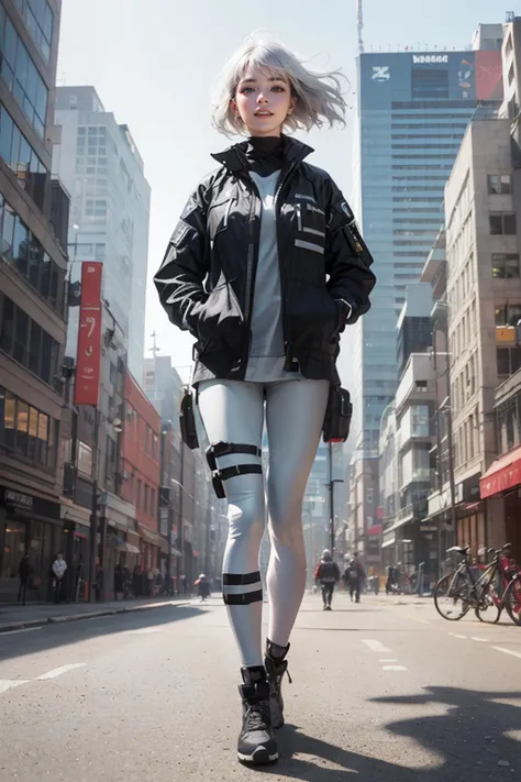 best quality, masterpiece, ultra high res, (photorealistic:1.4),
(protrait), (dynamic perspective), outdoor, (tech city theme:1.4),
1girl, solo, beautiful, light smile, walking, hands in pockets,
(white techwear jacket), black gloves, red tactical vest, with buckle and tape, (grey leggings),
(short haircut), (white hair), the wind blow hair