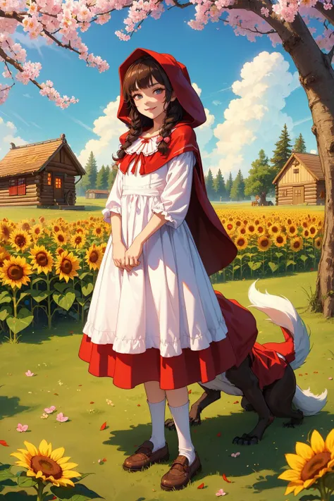 Masterpiece,Best Quality,Fairy Tale( (Big Wolf in Little Red Riding Hood:1.4)),Sinister Bad Smile,Hat,Hairpin,Long Hair,Sunflower,Dress,Mushroom,Bowknot,(Small Cabin),Illustrations,Cherry Blossom Tree,Pink Flowers,Grass,Moss,Clouds,Fallen Leaves,Detailed Character Design,Clean Background,White Space,