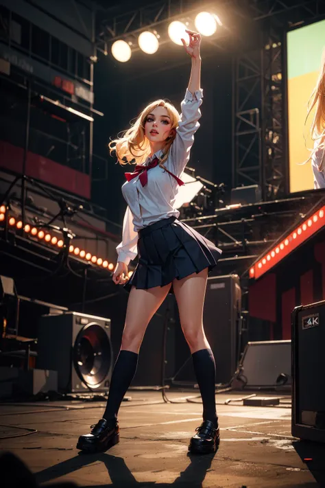 blonde girl school uniform, ((bare hands):1.4), concert stage, outdoors,
(best quality,4k,8k,highres,masterpiece:1.2),ultra-detailed,(realistic,photorealistic,photo-realistic:1.37),HDR,UHD,studio lighting,sharp focus,physically-based rendering,extreme detail description,professional,vivid colors,bokeh,