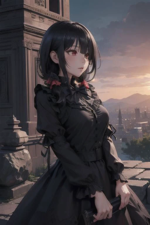 masterpiece, (Best quality:1.2), highres, (scenary:1.2), light, OverallDetail, (KurumiBlack:1.2), hair over one eye, low twintails, hair bow, black dress, standing, Epic scene, portrait, (Temple setting, giant clock, stone tower)