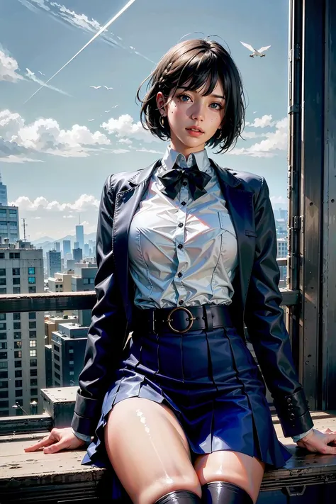 (masterpiece, best quality, perfect anatomy, nice hands:1.2, 1girl:1.2, solo:1.3, illustration:1.2), official art, unity 8k wallpaper, ultra detailed, beautiful and aesthetic, realistic, medium hair, bob cut, braid, mole under eye, (school uniform:1.2), (kneehighs:1.1), classroom, from below, leaning back, flying button, huge breasts, sidelighting, blue sky