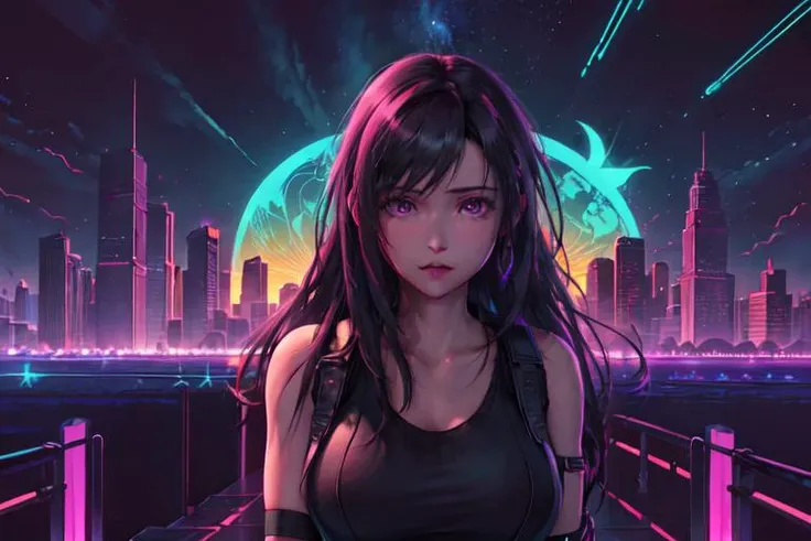 1girl,retrowave,city,road,purple neon lights,sun,mountain,(masterpiece,detailed,highres),tifa lockhart,<lora:retrowave_0.12:0.8>,<lora:tifav2:0.6>,