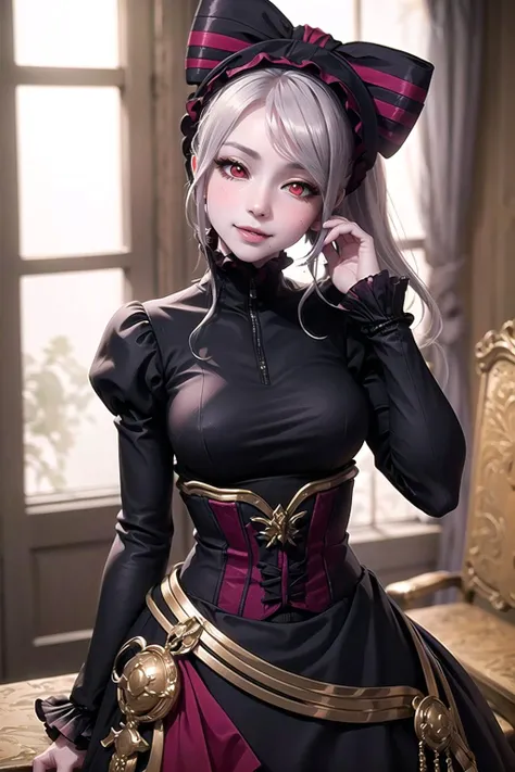 official art, unity 8k wallpaper, ultra detailed, beautiful and aesthetic, beautiful, masterpiece, best quality, portrait, (finely detailed beautiful eyes: 1.2), shalltear, cute, medium breasts, pale skin, (glowing red eyes:1.1), long gray hair, ponytail, (bonnet, large hair bow:1.2), (frilled black dress:1.2), (long sleeves:1.1), captivating pose, arms at sides, half-closed eyes, smile, fang, blush, parted lips, seductive, lustful, hand on own face, head tilt, (looking at viewer:1.1), upper body, from above, throne room, <lora:SHALLTEAR:0.7>
