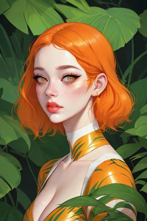 HDR 8K, 3D render, leaves, nature, portrait, bulge, Dynamic abstract Joan Cornella art, pretty cute woman, vector line art, Thick-Line Animation, Art Nouveau Style, Pop Art Style, Graffiti Style, cleavage, 3D clay render, gold glitter details, orange juice,
backdrop: tropical leaves and flowers, butterflies, a tiger, jungle,
albino-skinned, alone, Hsiao Ron Cheng art style, cute extra big lips, freckles, glossy, sparkling, dynamic, digital art, 8K, high resolution, wallpaper,