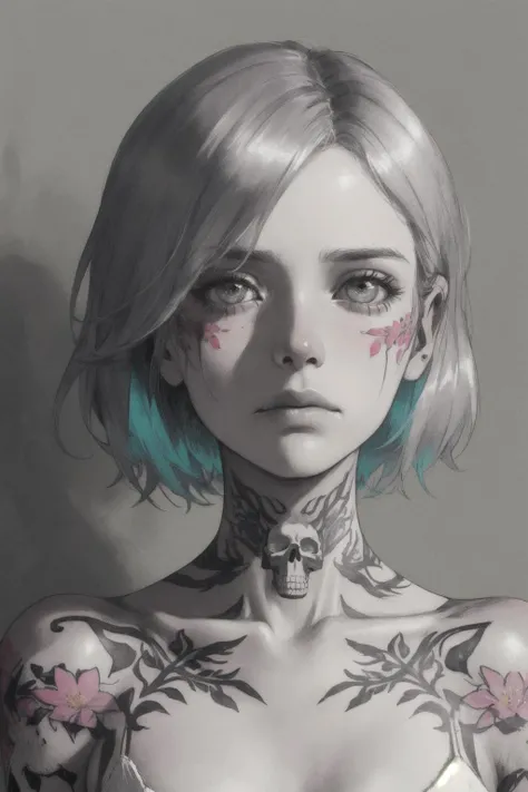 high resolution, (vivid colors:1.3), close-up of a girl, short silver hair, intricate skull tattoo on her neck, surrounded by withered flowers, melancholic expression, faded pastel background, delicate shadows, dreamlike quality, artistic flair.