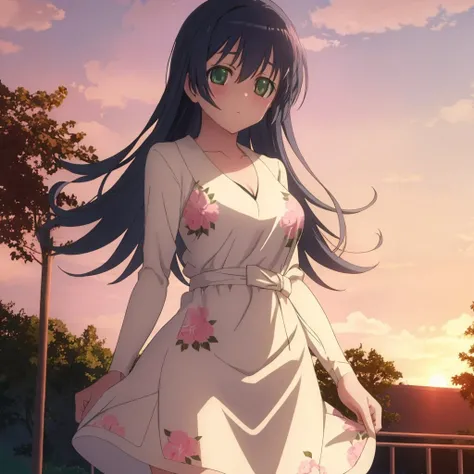 <lora:kaede_tenjouji_v1:0.8> kaede_tenjouji, green_eyes, pink floral print dress, park, sunset, masterpiece, best quality
