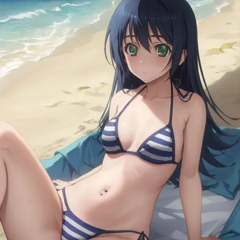 <lora:kaede_tenjouji_v1:0.8> kaede_tenjouji, green_eyes, striped bikini, beach, masterpiece, best quality