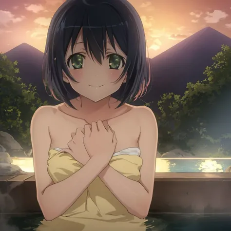 <lora:kaede_tenjouji_v1:0.8> kaede_tenjouji, green_eyes, onsen, towel, water, sunset, smile,, masterpiece, best quality