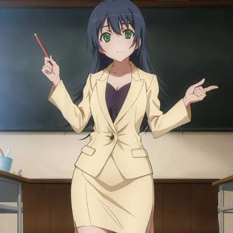 <lora:kaede_tenjouji_v1-000045:0.8> kaede_tenjouji, suit, standing, classroom, pencil skirt, green eyes,, masterpiece, best quality