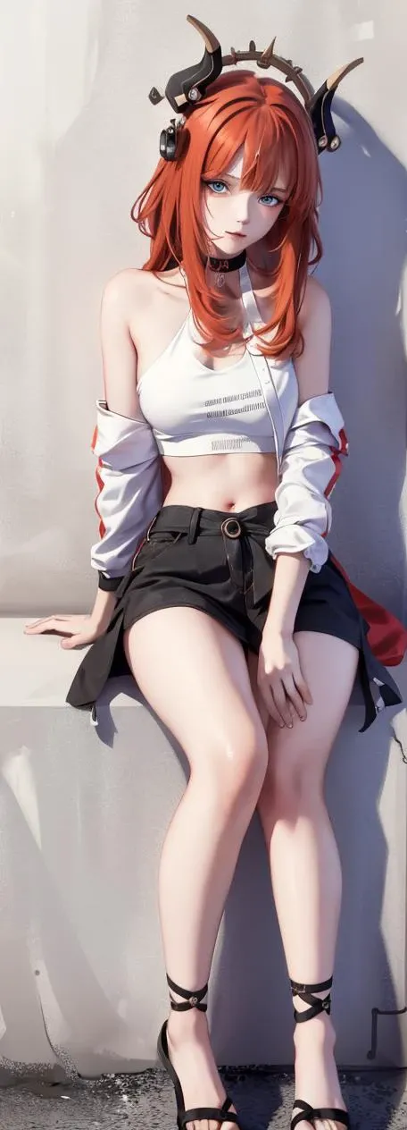 (masterpiece, best quality, 1girl, solo, intricate details, chromatic aberration), realistic, long hair, (red hair:0.2), head ornament, turqoise highlights, hair over one eye, green eyes, sharp eyes, against wall, brick wall, graffiti, ((trrash, dark, dim lighting, grim,full body)), alley ,look at viewer, <lora:raidenShogunRealistic_raidenshogunHandsfix:0.2>, <lora:koreanDollLikeness_v20:0.2>, small head, <lora:yaeMikoRealistic_yaemikoMixed:0.55>, choker, neon shirt, torn legwear, open jacket, glowing, horn ear headset,  bare shoulders:1.3,<lora:nilouGenshinImpact_v10:0.75>, left hands on hair, five fingers, covered navel,