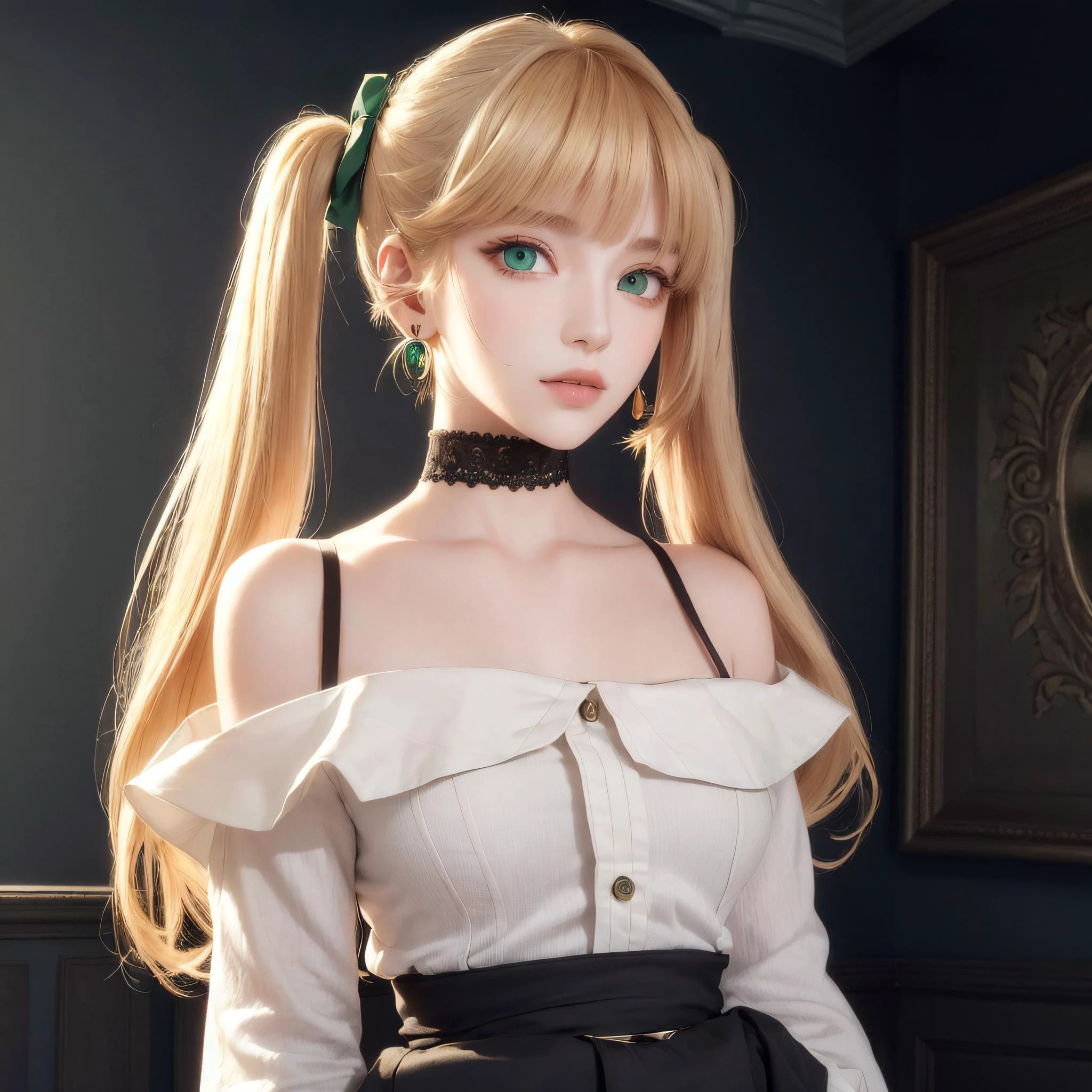 (masterpiece, best quality, 1girl, solo, intricate details, chromatic aberration), tarte,(realistic),(skin), ((breath)),(blond hair,blunt bangs),twintails,hair ribbon,detailed hair, red head ornament, blue highlights, hair over one eye,((green eyes)), earrings, sharp eyes, choker, ((Crop Off shoulder Oversized shirt:1.2)), short skirt , open waist,((symmetry eyes)),(Finely Detailed Beautiful eyes:1.2), Glowing eyes,((perfect symmetrical body)),(pureerosface_v1:0.3), night,(((natural light))),backlighting,against grey wall, dim lighting ,look at viewer,((centered shot, from front,(face and waist))),<lora:koreanDollLikeness_v15:0.2>, <lora:tarteTheWorldsFinest_detachedCollar:0.55>