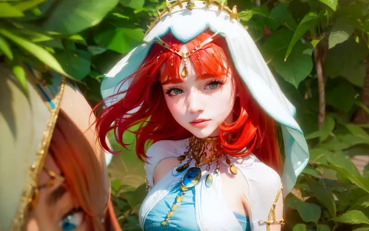 detailed clothes, white clothes, (medium breasts:1.4), side boobs:1.5, hair ornament, persian clothes:1.5, (light redhair:1.4), very long hair, straight hair, detailed face, cool face, (smooth chin:0.85), looking at viewer, beautiful eyes, detailed eyes, skirt, (daylight:1.4), from side:2, (arabian:1.5),photon mapping, physically-based rendering, RAW photo, highly detailed background, (photo realistic:1.35), high res, perspective, facing front, , (ulzzang-6500:0.5), 1girl, veil, full face, zoomed out, head to body, gold choker, bare shoulders:2, hair ornament behind head, hair accesory, ancient necklace, nilou, detached sleeves, (painting:1.5), (hair ornament:1.35), jewelry, green eyes, earrings, breasts, depth of field, detailed face, face focus, ribbon_trim, (looking at viewer:1.25), arabian, shiny skin, long sleeves, smile, game cg, one hands up, dancing, east asian architecture, five fingers, braid <lora:nilouGenshinImpact_v10:2>, covered chest,