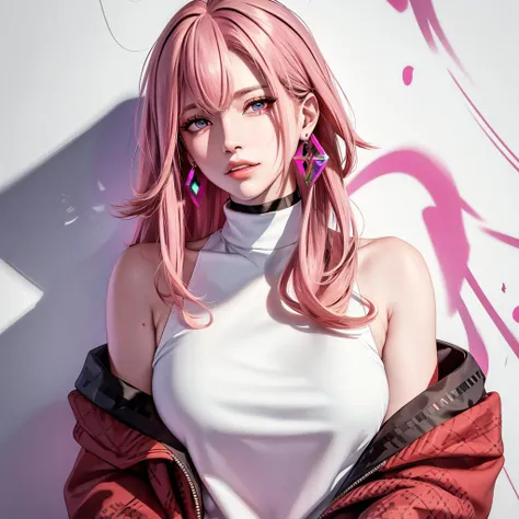 (masterpiece, best quality, 1girl, solo, intricate details, chromatic aberration), realistic, ((medium breath)),long hair, pink hair, red head ornament, pink highlights, hair over one eye,purple eyes, earrings, sharp eyes, choker, neon shirt, torn legwear, open jacket, turtleneck sweater, night,against wall, brick wall, graffiti, dim lighting, alley ,look at viewer,<lora:yaeMikoRealistic_yaemikoMixed:0.54> , <lora:koreanDollLikeness_v15:0.2>