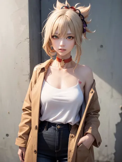 (masterpiece, best quality, 1girl, solo, intricate details, chromatic aberration), realistic, ((medium breath)),long hair, purple head ornament, purple highlights, hair over one eye, green eyes, sharp eyes, choker, neon shirt, torn legwear, open jacket, turtleneck sweater, against wall, brick wall, graffiti, dim lighting, alley ,look at viewer, <lora:koreanDollLikeness_v15:0.2>, small head, large breast, <lora:GenshenImpactYoimiya_10:0.8>, (orange:purple hair:0.5)