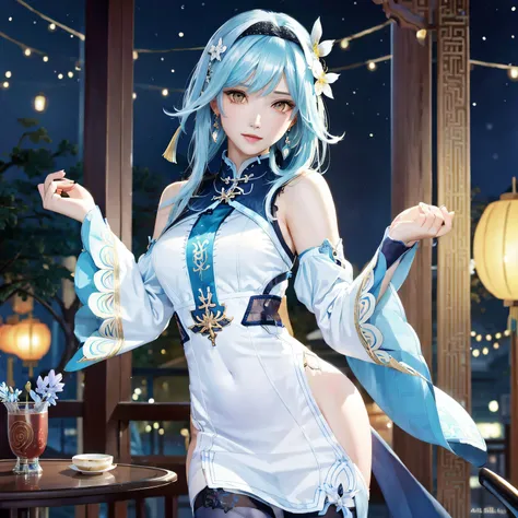 (masterpiece, best quality, 1girl, solo, intricate details, chromatic aberration), realistic:1.2, ((medium breath)),bare shoulders,blue hair,aqua head ornament,yellow eyes, earrings,sharp eyes,perfect symmetrical body, smooth chin, (ulzzang-6500:0.75),(pureerosface_v1:0.3),choker, thigh strap,(pantyhose),lacetrim,((white Chinese Cheongsam)),night time, lanterns, Chinese tea shop, dim lighting ,(detailed light),look at viewer, <lora:eulaRealisticGenshin_eula:0.45> ,<lora:japaneseDollLikeness_v10:0.3>,