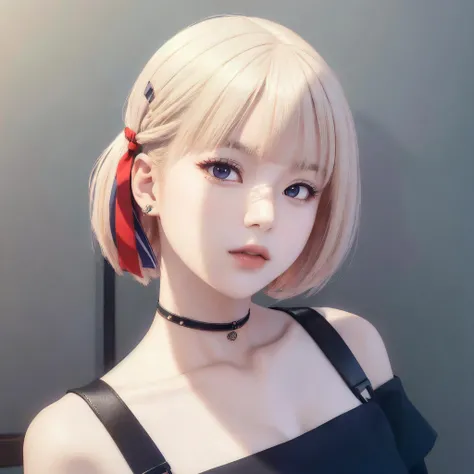 (masterpiece, best quality, 1girl, solo, intricate details, chromatic aberration), chisato nishikigi,(realistic),(skin), ((breath)),(short blond hair,blunt bangs),hair ribbon,detailed hair, red head ornament, blue highlights, hair over one eye,(crimson eyes), earrings, sharp eyes, choker, (crop Off-shoulder Oversized shirt:1.3), short skirt,open waist,((symmetry eyes)),((perfect symmetrical body)),(pureerosface_v1:0.3), night,(((natural light))),backlighting,against grey wall, dim lighting ,look at viewer,((centered shot, from front,(face and waist))),motion_blur,<lora:koreanDollLikeness_v15:0.5>, <lora:chisatoNishikigi_v09:0.5>