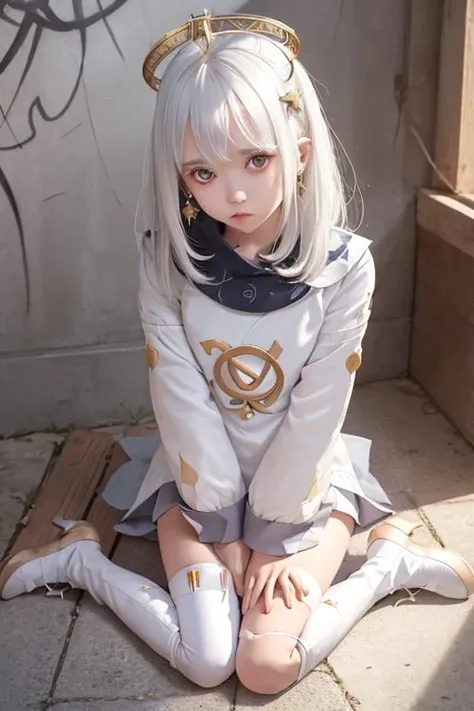 1girl, solo, thighhighs, paimon (genshin impact), long sleeves, white dress, dress, halo, thighhighs under boots, single thighhigh, bangs, boots, hair between eyes, white footwear, white thighhighs, white hair <lora:paimonGenshinImpact_v10:0.8>,<lora:cuteGirlMix4_v10:0.2>, against the wall, graffiti, look at the viewer, gold halo,
(masterpiece, best quality, solo, intricate details, chromatic aberration), (realistic),(skin), ((breath)), detailed hair, silver highlights, hair over one eye, earrings, sharp eyes, ((symmetry eyes)),((perfect symmetrical body)),(pureerosface_v1:0.7), night,(((natural light))), backlighting, against grey wall, dim lighting, ((symmetrical cheek)), ((symmetrical face))