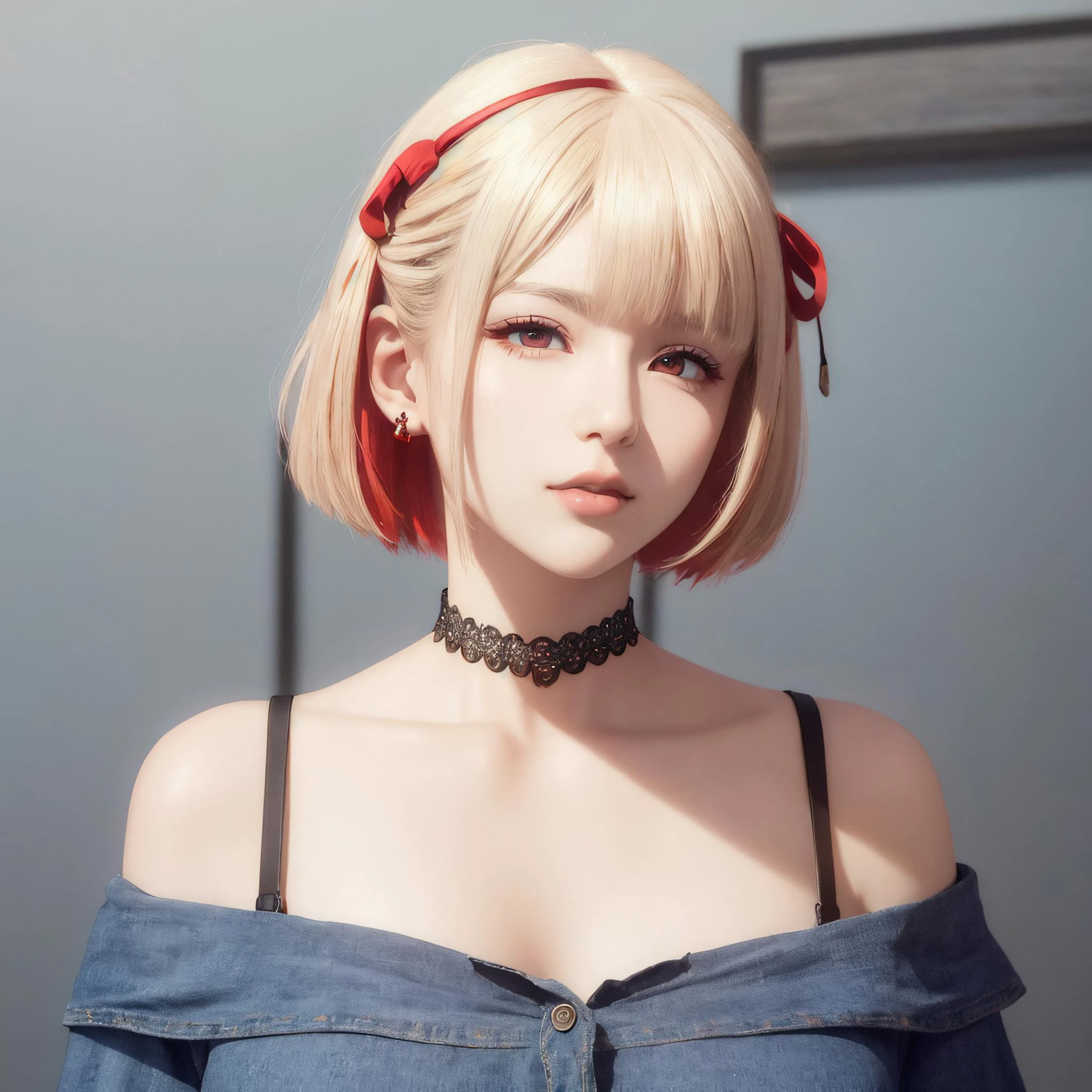 (masterpiece, best quality, 1girl, solo, intricate details, chromatic aberration), chisato nishikigi,(realistic),(skin), ((breath)),(blond hair,blunt bangs),hair ribbon,detailed hair, red head ornament, blue highlights, hair over one eye,((red crimson eyes)), earrings, sharp eyes, choker, ((crop Off-shoulder Oversized shirt:1.2)), short skirt,open waist,((symmetry eyes)),(Finely Detailed Beautiful eyes:1.2), Glowing eyes,((perfect symmetrical body)),(pureerosface_v1:0.3), night,(((natural light))),backlighting,against grey wall, dim lighting ,look at viewer,((centered shot, from front,(face and waist))),<lora:koreanDollLikeness_v15:0.2>, <lora:chisatoNishikigi_v09:0.5>