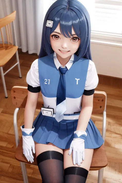 masterpiece, best quality, highres, 1girl 22 ahoge hair ornament, blue necktie white shirt white gloves blue skirt black thighhighs <lora:22:1> smile, sitting on chair
