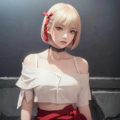 (masterpiece, best quality, 1girl, solo, intricate details, chromatic aberration), chisato nishikigi,(realistic),(skin), ((breath)),(short blond hair,blunt bangs),hair ribbon,detailed hair, red head ornament, blue highlights, hair over one eye,(crimson eyes), earrings, sharp eyes, choker, (crop Off-shoulder Oversized shirt:1.3), short skirt,open waist,((symmetry eyes)),((perfect symmetrical body)),(pureerosface_v1:0.3), night,(((natural light))),backlighting,against grey wall, dim lighting ,look at viewer,((centered shot, from front,(face and waist))),motion_blur,<lora:koreanDollLikeness_v15:0.5>, <lora:chisatoNishikigi_v09:0.5>