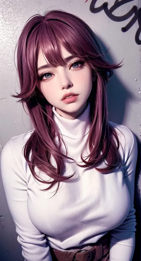 (masterpiece, best quality, 1girl, solo, intricate details, chromatic aberration), realistic, long hair, (pink:purple hair:0.2), purple head ornament, purple highlights, hair over one eye, green eyes, sharp eyes, against wall, brick wall, graffiti, ((trrash, dark, dim lighting, grim)), alley ,look at viewer, <lora:raidenShogunRealistic_raidenshogunHandsfix:0.2>, <lora:koreanDollLikeness_v15:0.2>, small head, huge breast, from above, very high angle,
<lora:yaeMikoRealistic_yaemikoMixed:0.55>, choker, neon shirt, torn legwear, open jacket, (((turtleneck sweater))),