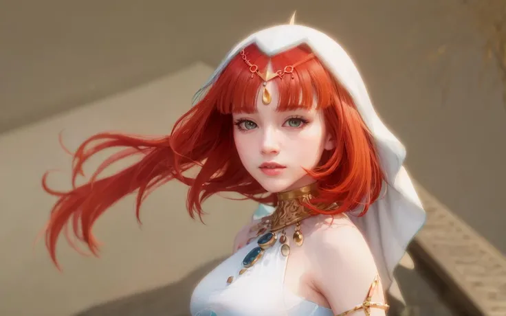 detailed clothes, white clothes, (medium breasts:1.4), side boobs:1.5, hair ornament, persian clothes:1.5, (light redhair:1.4), very long hair, straight hair, detailed face, cool face, (smooth chin:0.85), looking at viewer, beautiful eyes, detailed eyes, skirt, (daylight:1.4), from side:2, (arabian:1.5),photon mapping, physically-based rendering, RAW photo, highly detailed background, (photo realistic:1.35), high res, perspective, facing front, , (ulzzang-6500:0.5), 1girl, veil, full face, zoomed out, head to body, gold choker, bare shoulders:2, hair ornament behind head, hair accesory, ancient necklace, nilou, genshin impact, detached sleeves, (painting:1.5), (hair ornament:1.35), jewelry, green eyes, earrings, breasts, depth of field, detailed face, face focus, ribbon_trim, (looking at viewer:1.25), arabian:0.9, shiny skin, long sleeves, smile, game cg, one hands up, dancing, east asian architecture, five fingers, braid <lora:nilouGenshinImpact_v10:1.5>, covered chest, european:0.6