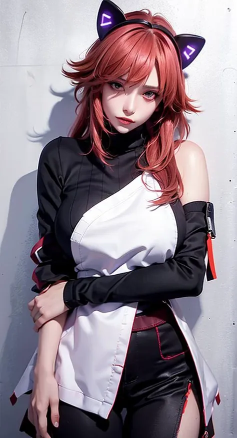 (masterpiece, best quality, 1girl, solo, intricate details, chromatic aberration), realistic, long hair, (pink:purple hair:0.2), purple head ornament, purple highlights, hair over one eye, green eyes, sharp eyes, against wall, brick wall, graffiti, ((trrash, dark, dim lighting, grim)), alley ,look at viewer, <lora:raidenShogunRealistic_raidenshogunHandsfix:0.2>, <lora:koreanDollLikeness_v15:0.2>, small head, huge breast, <lora:yaeMikoRealistic_yaemikoMixed:0.55>, choker, neon shirt, torn legwear, open jacket, (((turtleneck sweater))), glowing, cat ear headset