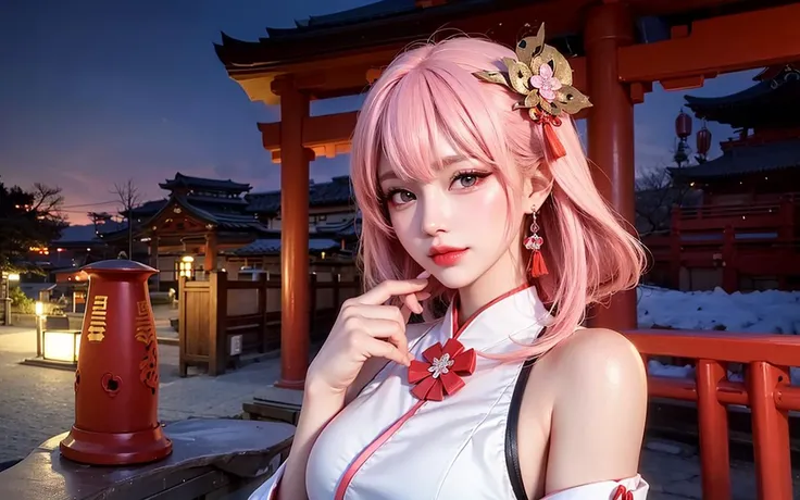 RaidenShogun, detailed clothes, white clothes, (medium breasts:1.4), side boobs:1.5, hair ornament, white japanese clothes:1.5, (light pink hair:1.4), very long hair, straight hair, detailed face, cool face, (smooth chin:0.85), looking at viewer, beautiful eyes, detailed eyes, skirt, (night:1.4), from side:2, (old japan shrine:1.5),photon mapping, physically-based rendering, RAW photo, highly detailed background, (photo realistic:1.35), high res, perspective, facing front,<lora:raidenShogunRealistic_raidenshogun:0.15>, <lora:koreanDollLikeness_v20:0.5> , (ulzzang-6500:0.5), 1girl, <lora:yaeMikoRealistic_yaemikoMixed:0.4>, full face, zoomed out, head to body, low_collar, no_collar, bare shoulders, fox ears, animal ears, hair ornament behind head, fox_tail, hair accesory, ancient neklace, kpop idol, yae miko, detached sleeves, (painting:1.5), (hair ornament:1.35), jewelry, purple eyes, earrings, breasts, torii, cherry blossoms, lantern light, depth of field, detailed face, face focus, ribbon_trim, (looking at viewer:1.25), nontraditional miko, shiny skin, long sleeves, smile, thick lips, game cg, hands on lips, east asian architecture, yae sakura