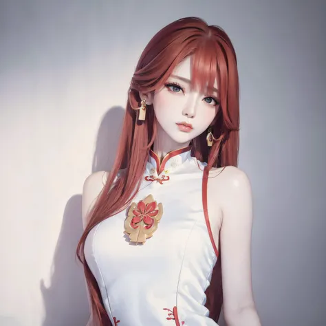 (masterpiece, best quality, 1girl, solo, intricate details, chromatic aberration), (Portraits:1.4),(realistic), (pureerosface_v1:0.3),((medium breath)),bars shoulders,pink long hair,red head ornament, red highlights,green eyes, earrings,sharp eyes, extremely detailed eyes,(perfect symmetrical body), (pureerosface_v1:0.3),choker, opened jacket,(((white Chinese Sleeveless Cheongsam qipao))),against wall,, dim lighting ,look at viewer,((centered shot, from front,(face and waist))), <lora:koreanDollLikeness_v15:0.2> , <lora:yaeMikoRealistic_yaemikoMixed:0.5>
