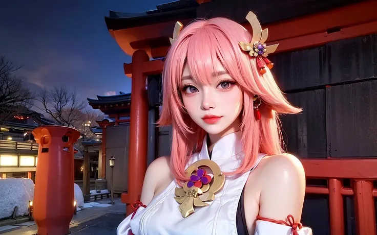 RaidenShogun, detailed clothes, white clothes, (medium breasts:1.4), side boobs:1.5, hair ornament, white japanese clothes:1.5, (light pink hair:1.4), very long hair, straight hair, detailed face, cool face, (smooth chin:0.85), looking at viewer, beautiful eyes, detailed eyes, skirt, (night:1.4), from side:2, (old japan shrine:1.5),photon mapping, physically-based rendering, RAW photo, highly detailed background, (photo realistic:1.35), high res, perspective, facing front,<lora:raidenShogunRealistic_raidenshogun:0.1>, <lora:koreanDollLikeness_v20:0.5> , (ulzzang-6500:0.5), 1girl, <lora:yaeMikoRealistic_yaemikoMixed:0.6>, full face, zoomed out, head to body, low_collar, no_collar, bare shoulders, fox ears, animal ears, hair ornament behind head, fox_tail, hair accesory, ancient neklace, kpop idol, yae miko, detached sleeves, (painting:1.5), (hair ornament:1.35), jewelry, purple eyes, earrings, breasts, torii, cherry blossoms, lantern light, depth of field, detailed face, face focus, ribbon_trim, (looking at viewer:1.25), nontraditional miko, shiny skin, long sleeves, smile, thick lips, game cg, hands on lips, east asian architecture, yae sakura,