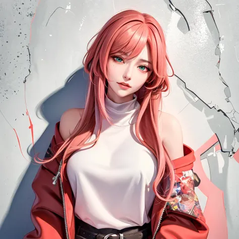 (masterpiece, best quality, 1girl, solo, intricate details, chromatic aberration), realistic, ((medium breath)),long hair, pink hair, red head ornament, red highlights, hair over one eye, green eyes, sharp eyes, choker, neon shirt, torn legwear, open jacket, turtleneck sweater, against wall, brick wall, graffiti, dim lighting, alley ,look at viewer, <lora:yaeMikoRealistic_yaemikoMixed:0.5> , <lora:koreanDollLikeness_v15:0.2>