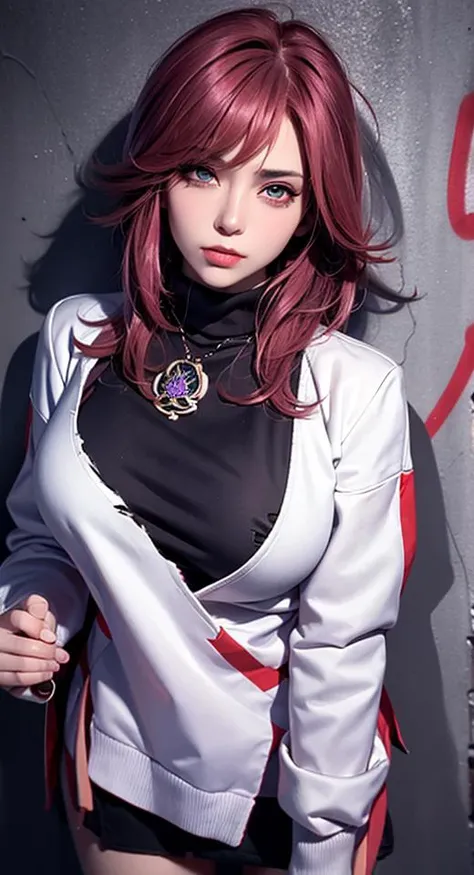 (masterpiece, best quality, 1girl, solo, intricate details, chromatic aberration), realistic, long hair, (pink:purple hair:0.2), purple head ornament, purple highlights, hair over one eye, green eyes, sharp eyes, against wall, brick wall, graffiti, ((trrash, dark, dim lighting, grim)), alley ,look at viewer, <lora:raidenShogunRealistic_raidenshogunHandsfix:0.2>, <lora:koreanDollLikeness_v15:0.2>, small head, huge breast, from above, very high angle,
<lora:yaeMikoRealistic_yaemikoMixed:0.55>, choker, neon shirt, torn legwear, open jacket, (((turtleneck sweater))),