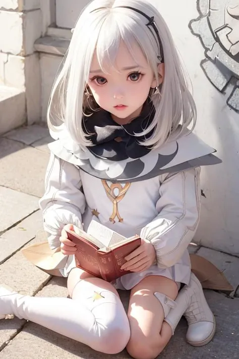 1girl, solo, thighhighs, paimon (genshin impact), long sleeves, white dress, dress, halo, thighhighs under boots, single thighhigh, bangs, boots, hair between eyes, white footwear, white thighhighs, white hair <lora:paimonGenshinImpact_v10:0.8>,<lora:cuteGirlMix4_v10:0.2>, against the wall, brick wall, graffiti, look at the viewer,
(masterpiece, best quality, 1girl, solo, intricate details, chromatic aberration), (realistic),(skin), ((breath)), detailed hair, silver highlights, hair over one eye, earrings, sharp eyes, ((symmetry eyes)),((perfect symmetrical body)),(pureerosface_v1:0.3), night,(((natural light))), backlighting, against grey wall, dim lighting, holding a book, ((symmetrical cheek)), ((symmetrical face))