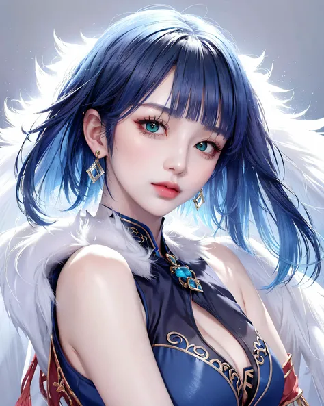 (masterpiece, best quality, 1girl, solo, intricate details, chromatic aberration), (realistic),(skin), ((medium breath)),yelan \(genshin impact\),(blue hair,blunt bangs),detailed hair, red head ornament, blue highlights, hair over one eye,green eyes, earrings, sharp eyes, choker,(((fur shawl))),(((Chinese Sleeveless Cheongsam))),((symmetry eyes)),((perfect symmetrical body)),(pureerosface_v1:0.3), night,(((natural light))),backlighting,against grey wall, dim lighting ,look at viewer,((centered shot, from front,(face and waist))),<lora:koreandolllikenessV20_v20:0.4>, <lora:fashionGirl_v51:0.2>, <lora:yeLanRealisticGenshin_yelanV1:0.3>