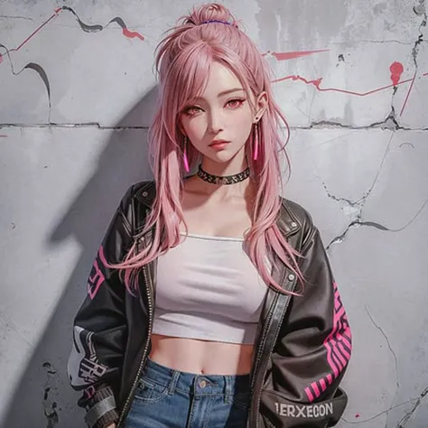 (masterpiece, best quality, 1girl, solo, intricate details, chromatic aberration), realistic, ((medium breath)),long hair, pink hair, red head ornament, pink highlights, hair over one eye,purple eyes, earrings, sharp eyes, choker, neon shirt, torn legwear, open jacket, turtleneck sweater, night,against wall, brick wall, graffiti, dim lighting, alley ,look at viewer, <lora:koreanDollLikeness_v15:0.2>